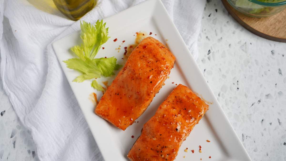 Easy Asian Glazed Salmon on white plate