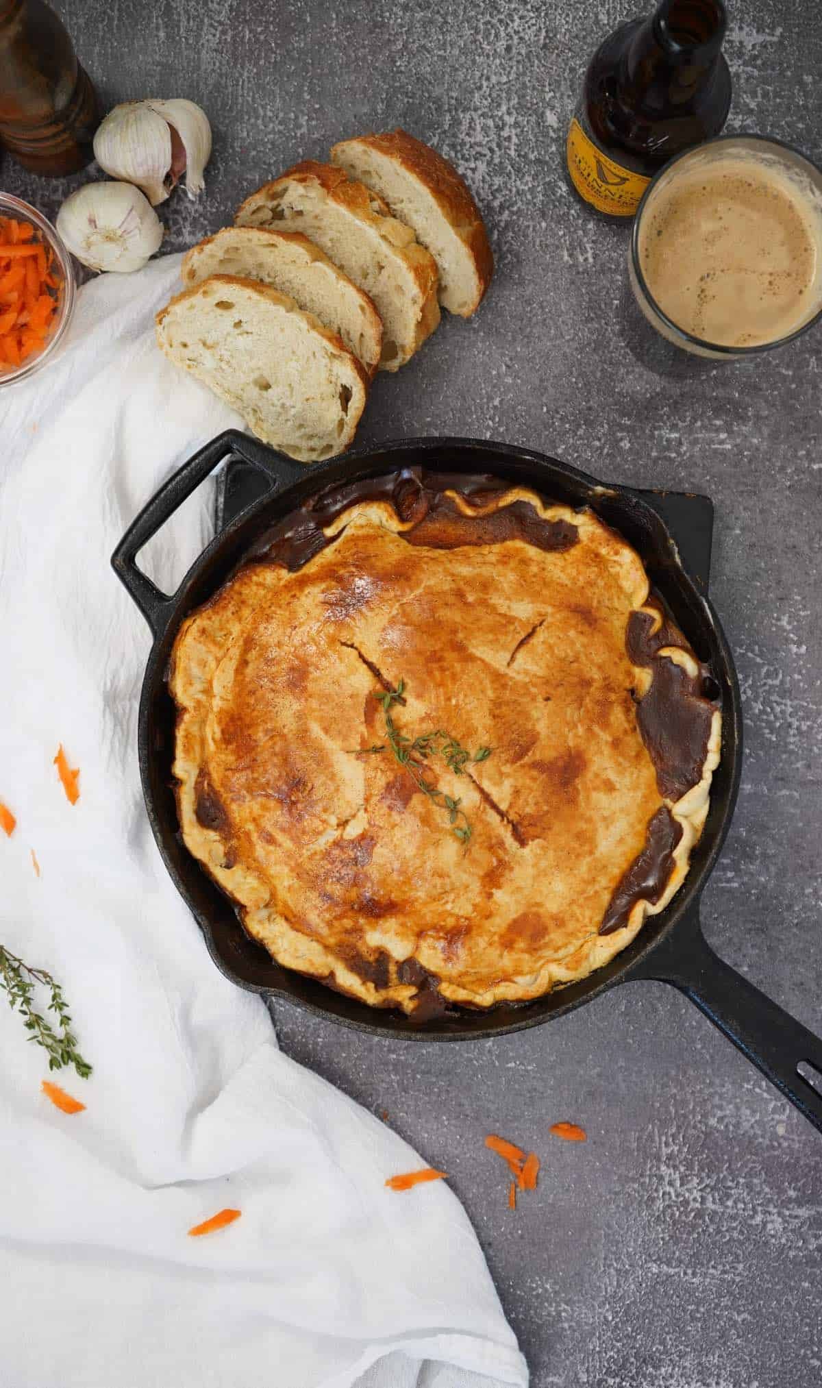 Beef & Stout Pot Pie in Cast Iron Skillet