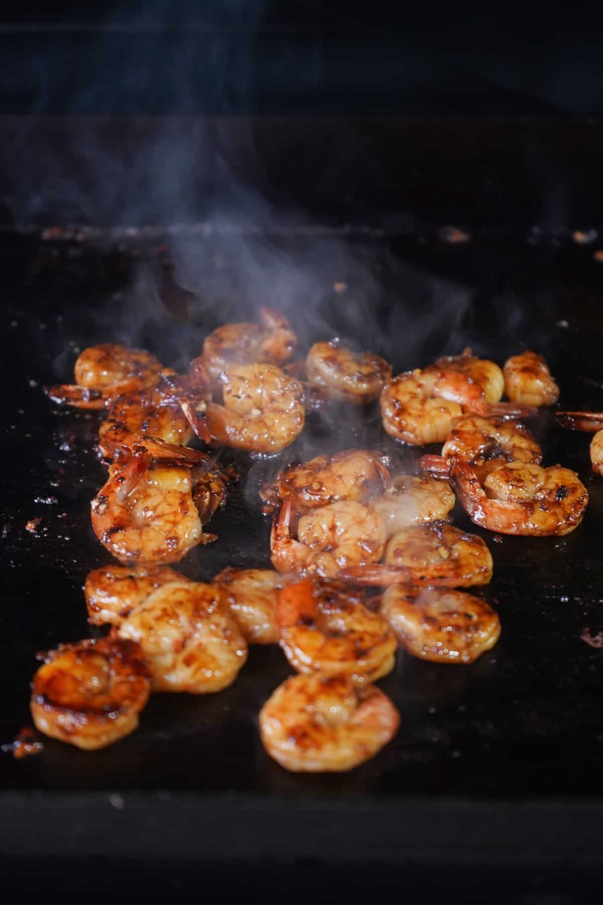Hot honey garlic shrimp on the griddle