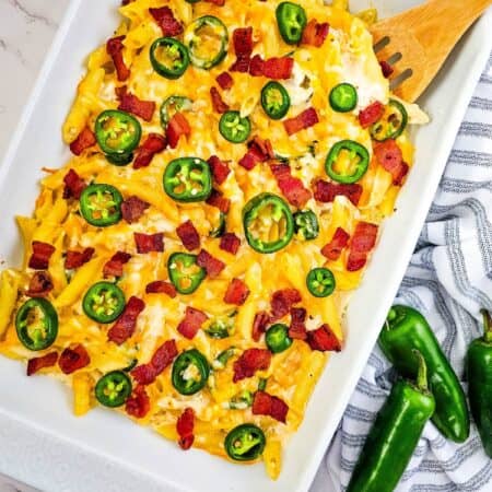 Jalapeno Popper Chicken pasta in baking dish