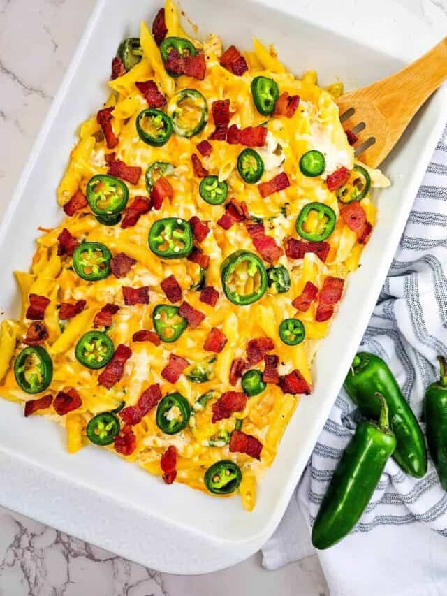 Jalapeno Popper Chicken pasta in baking dish