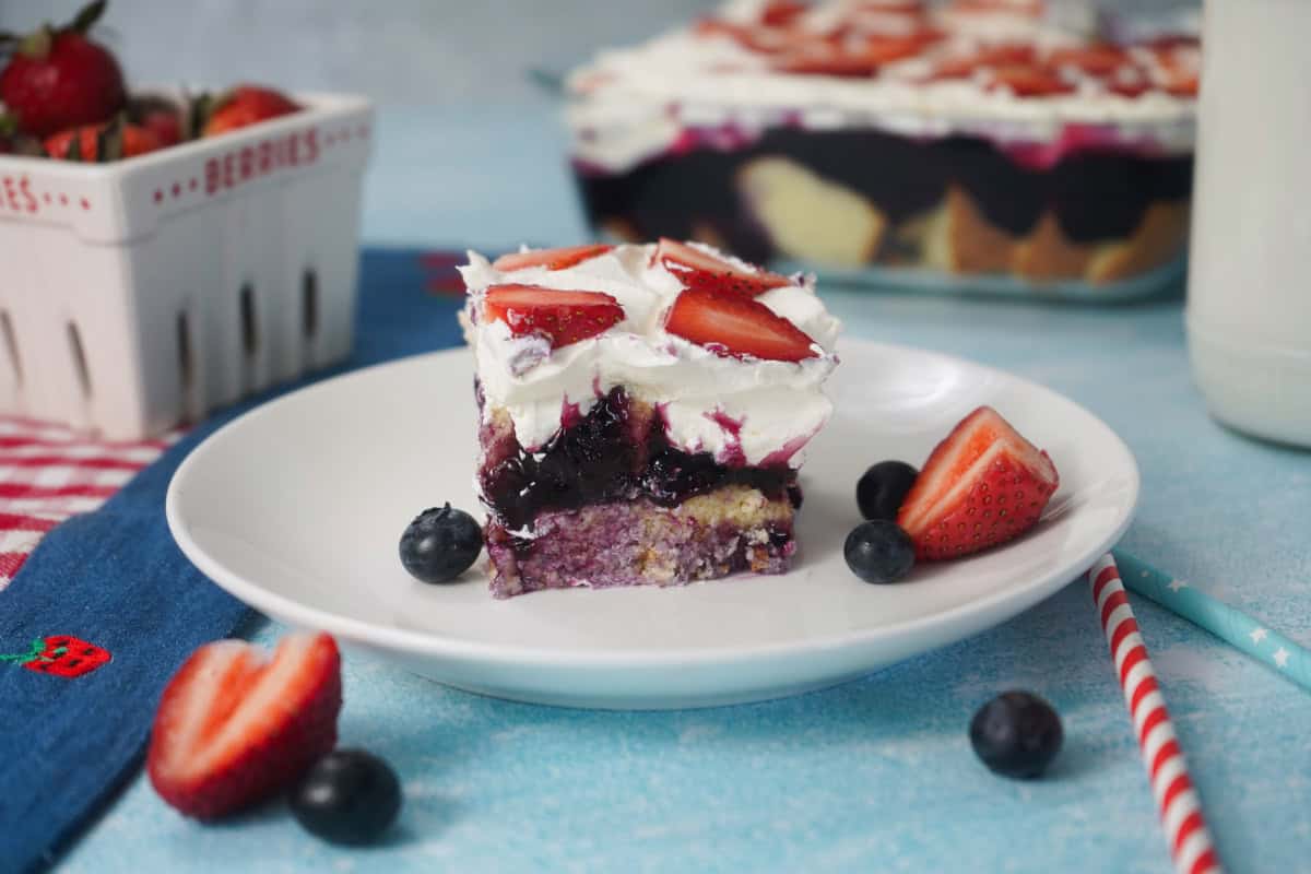 Red white and blue cake on white plate. 