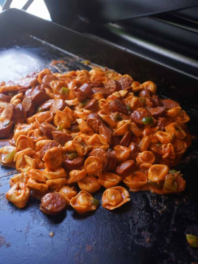 Tortellini with sauce on flat top