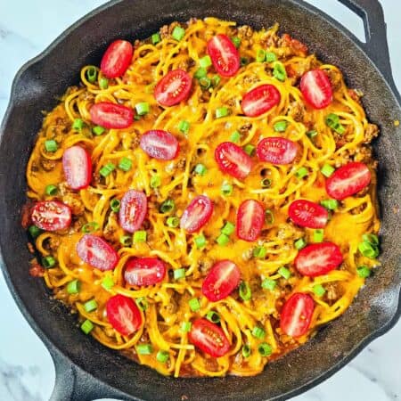 Taco Spaghetti In cast iron skillet