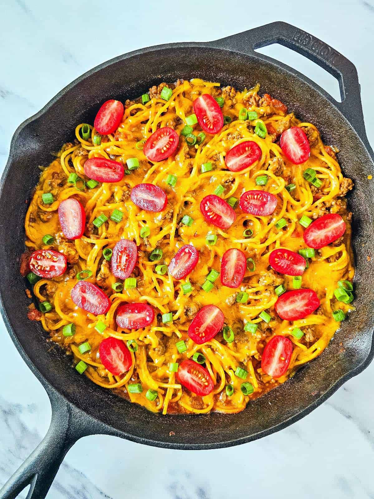 Taco Spaghetti In cast iron skillet