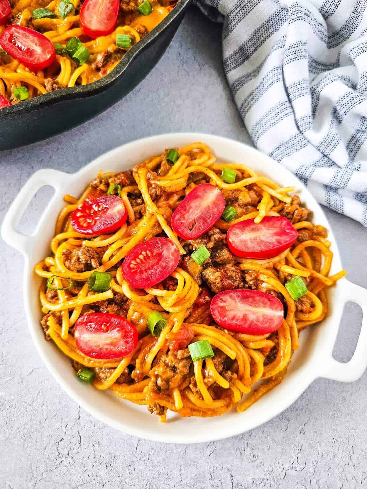 Taco Spaghetti in white bowl