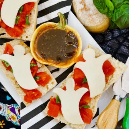 Halloween bruschetta on platter