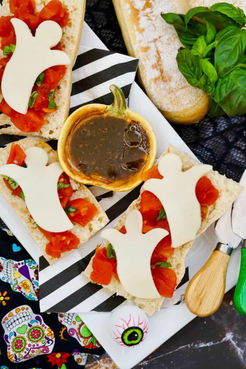 Halloween bruschetta on platter 