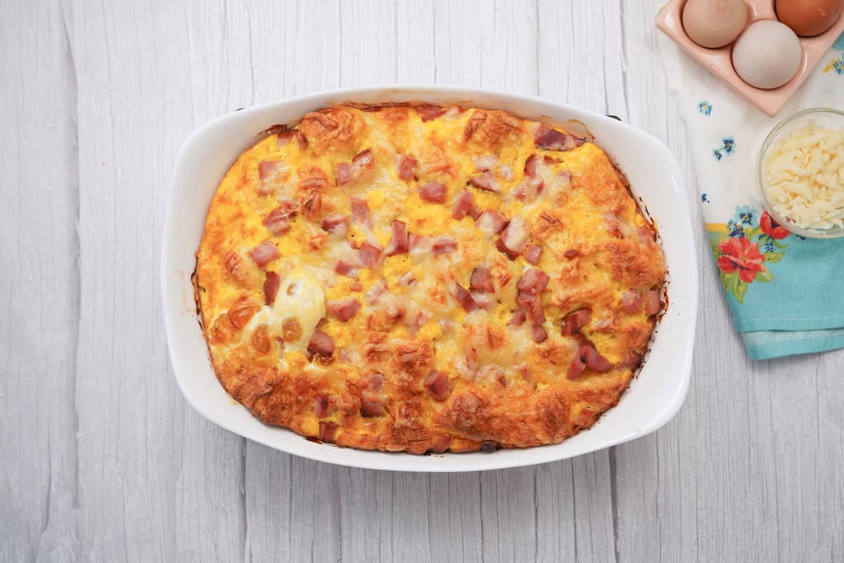 Ham and Swiss Breakfast Casserole In white dish