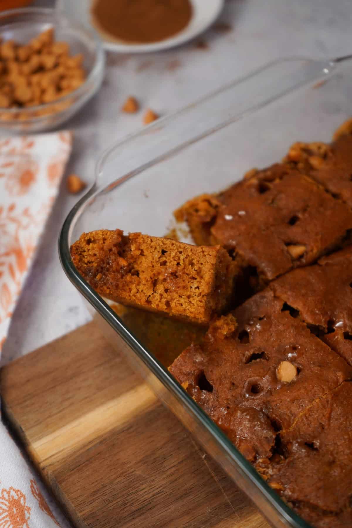 pumpkin bar tilted up out of pan