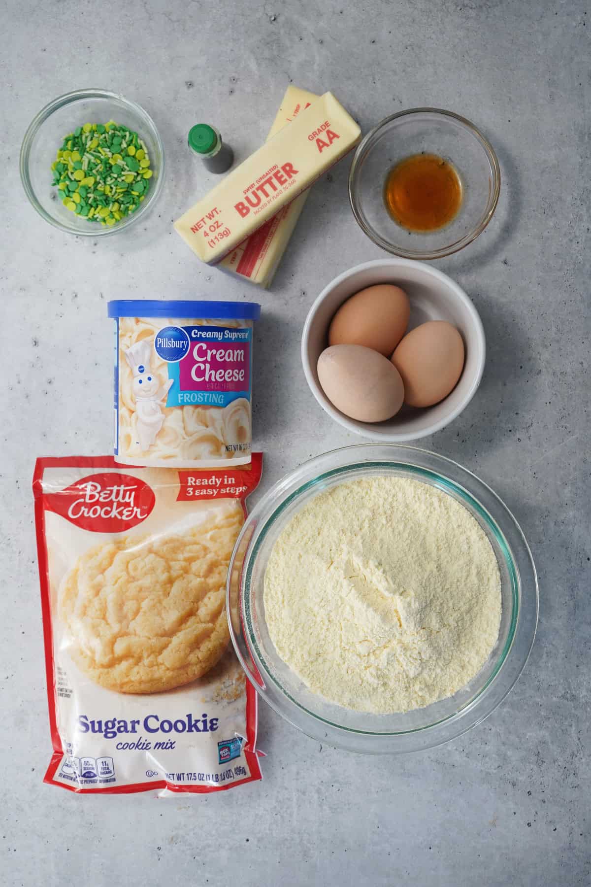 Ingredients needed for St Patricks day sugar cookie bars