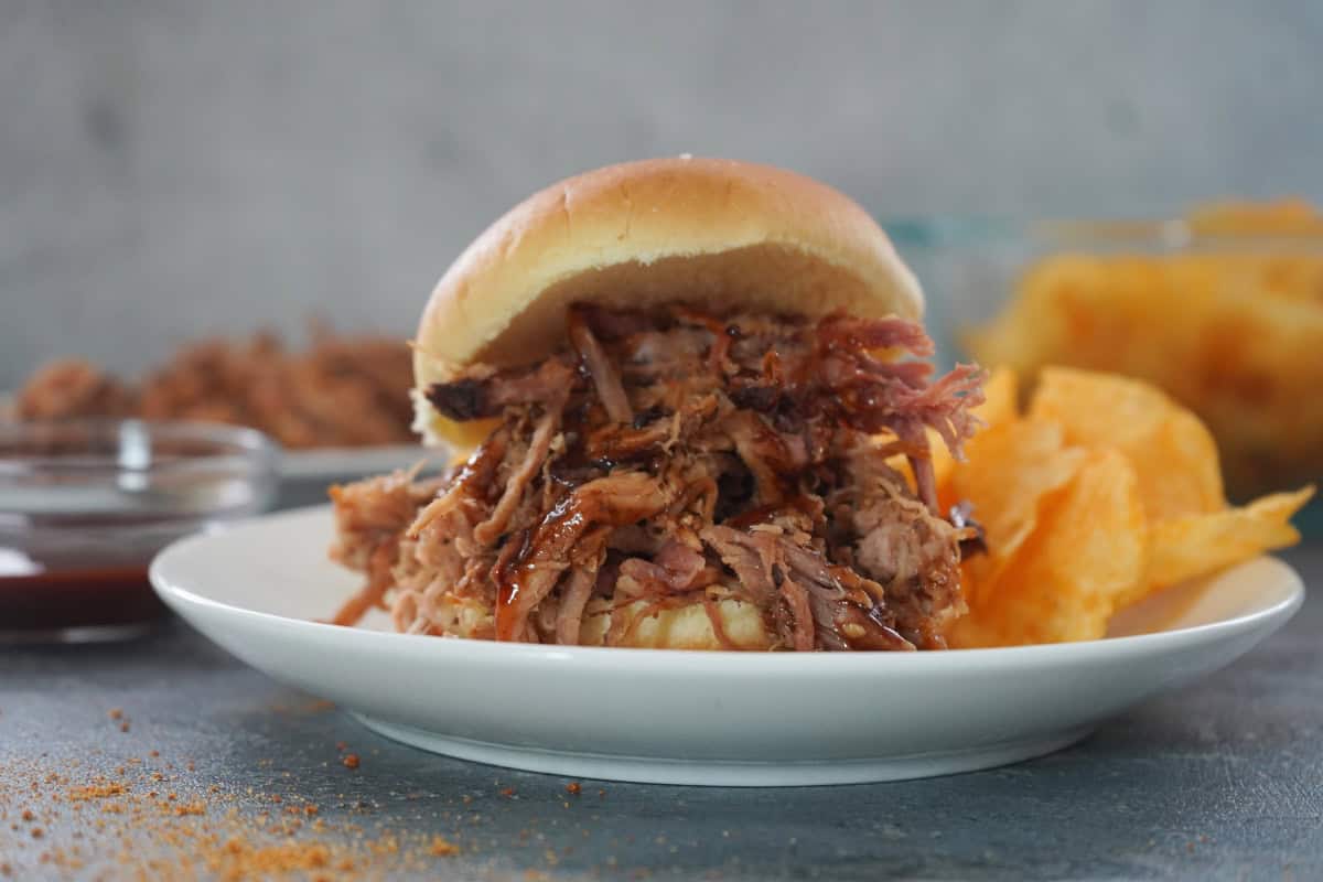 Korean pulled pork on bun with chips