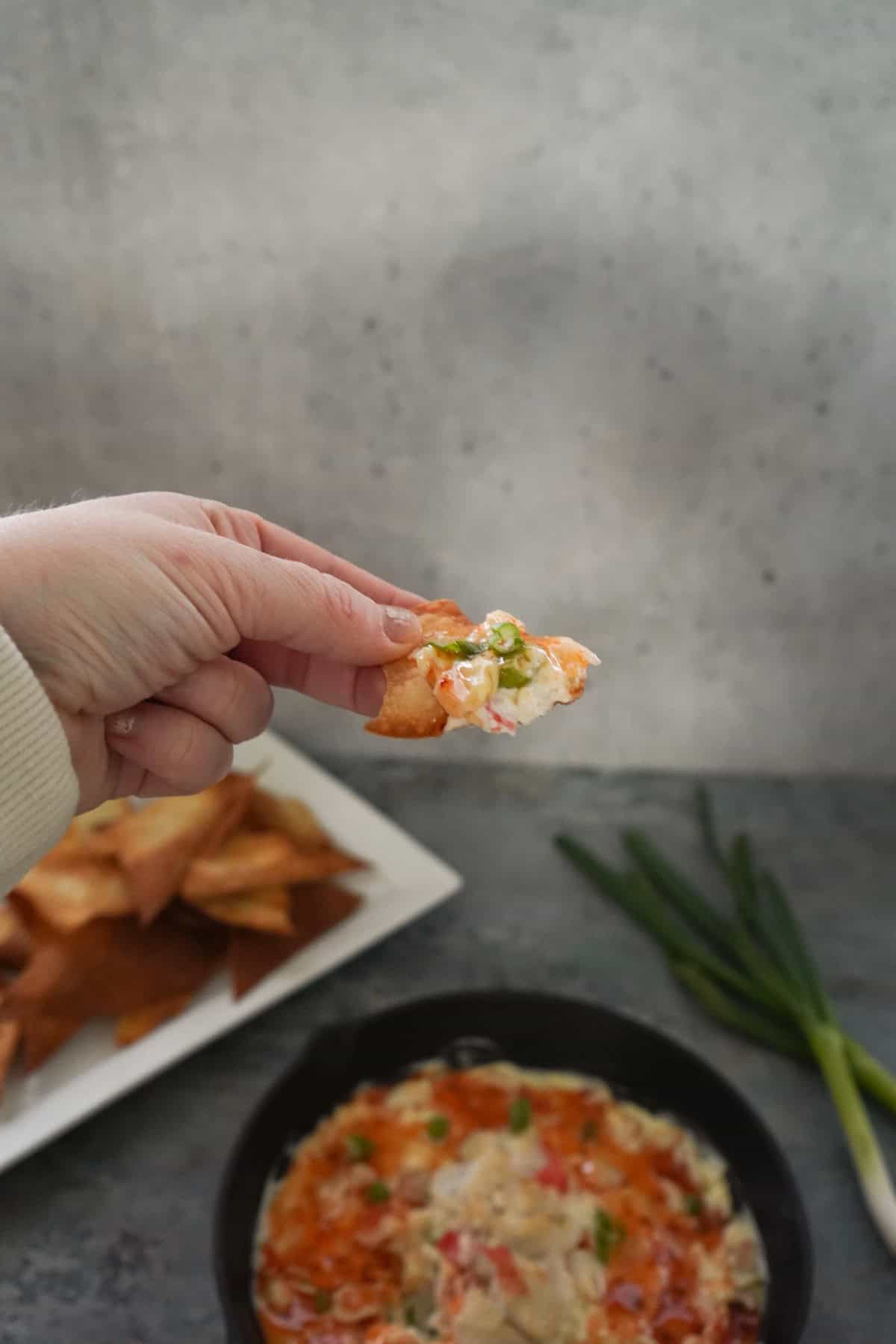 Wonton chip with rangoon dip