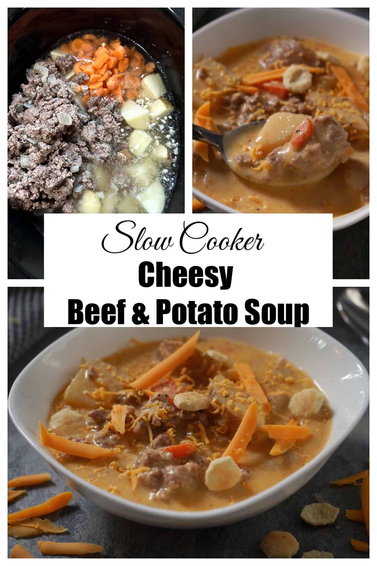 Cheesy beef and potato soup pin