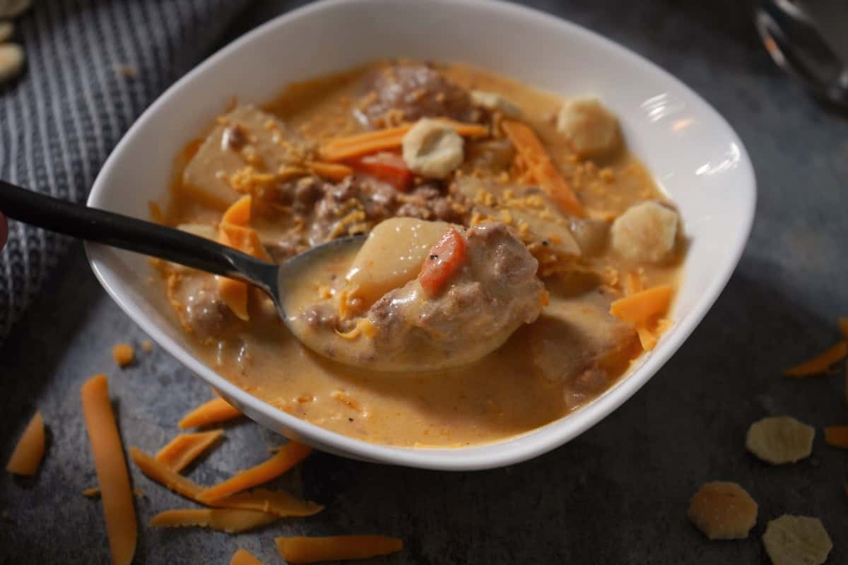 slow cooker soup on spoon