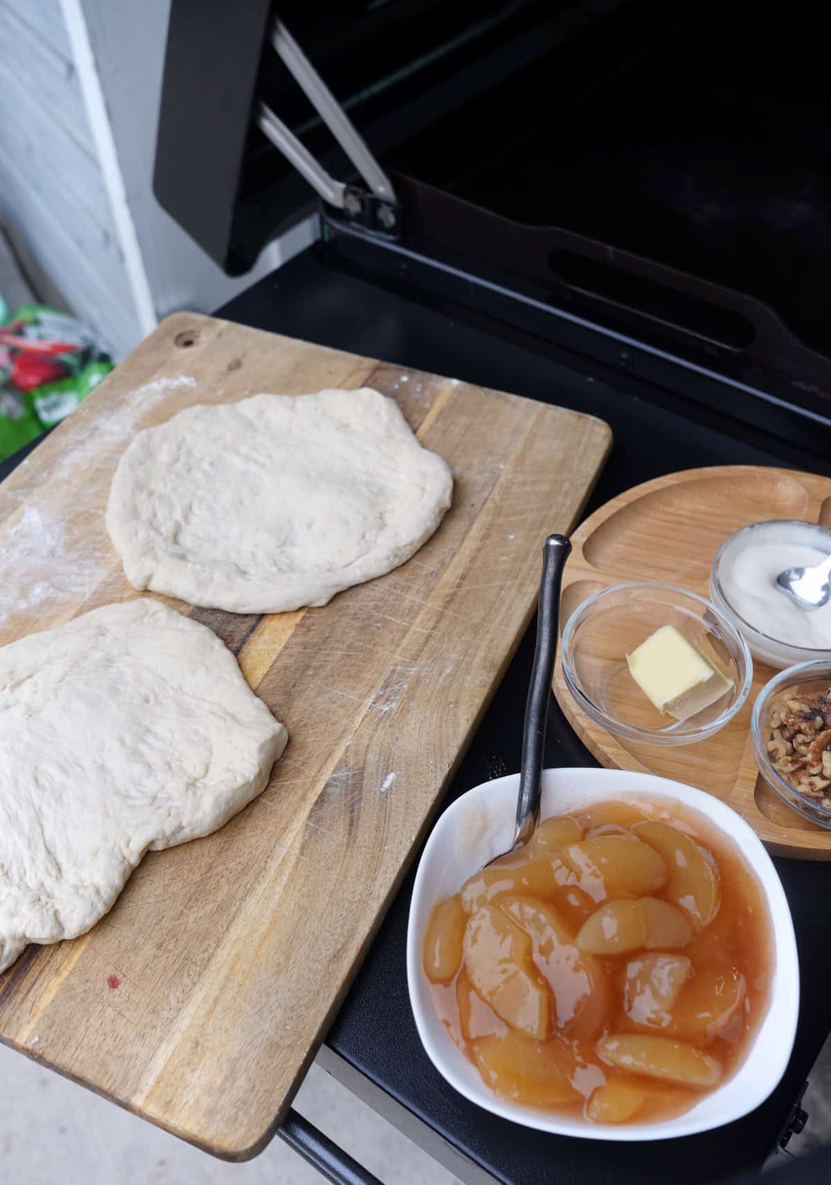 Grilled Apple Dessert Pizza prepared outside