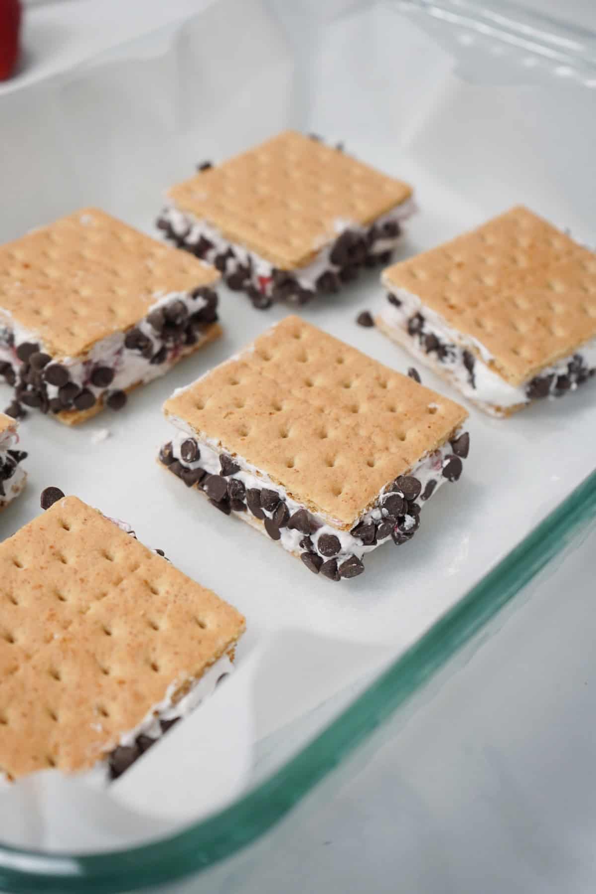 ice cream sandwiches in baking dish