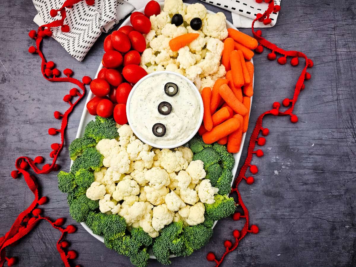 Snowman Veggie Platter against dark background