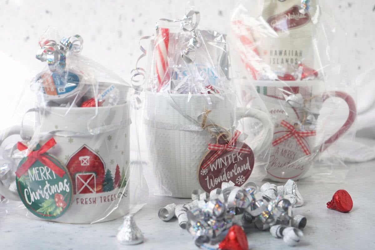 three cups wrapped for Christmas 