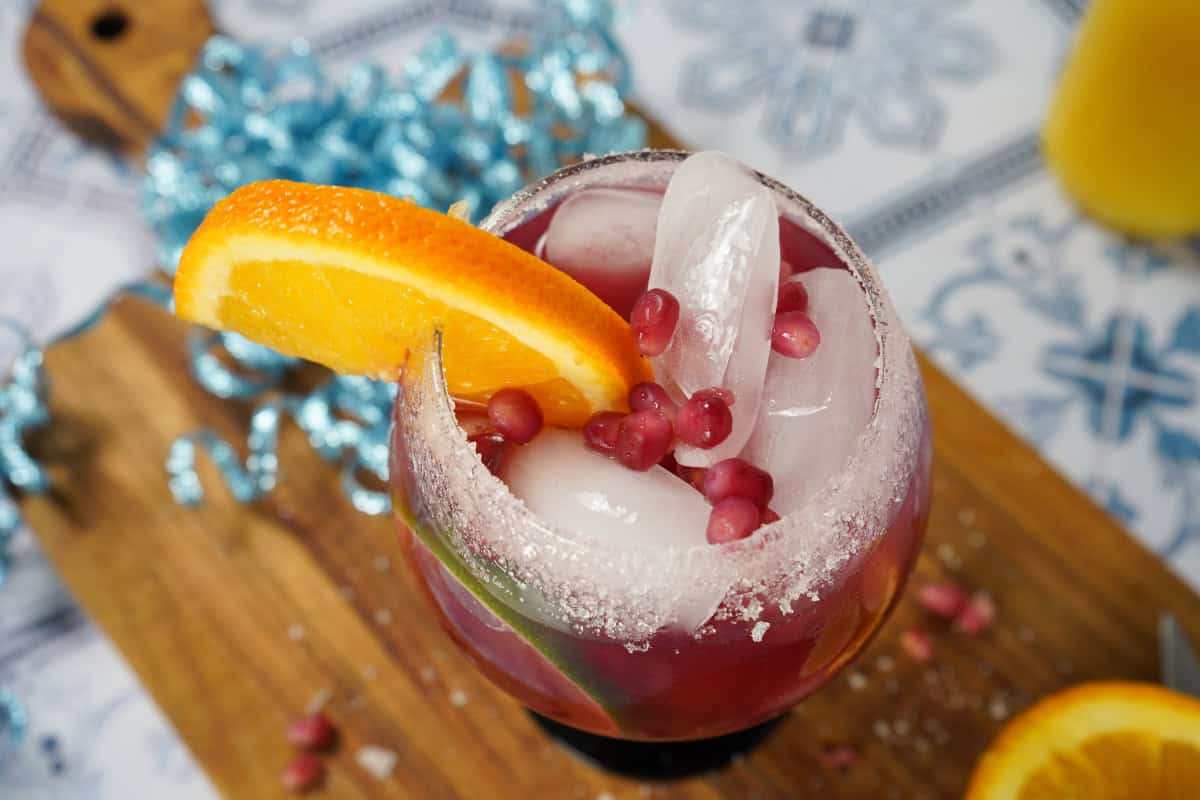 Glass with sugared rim for pomegranate margaritas 