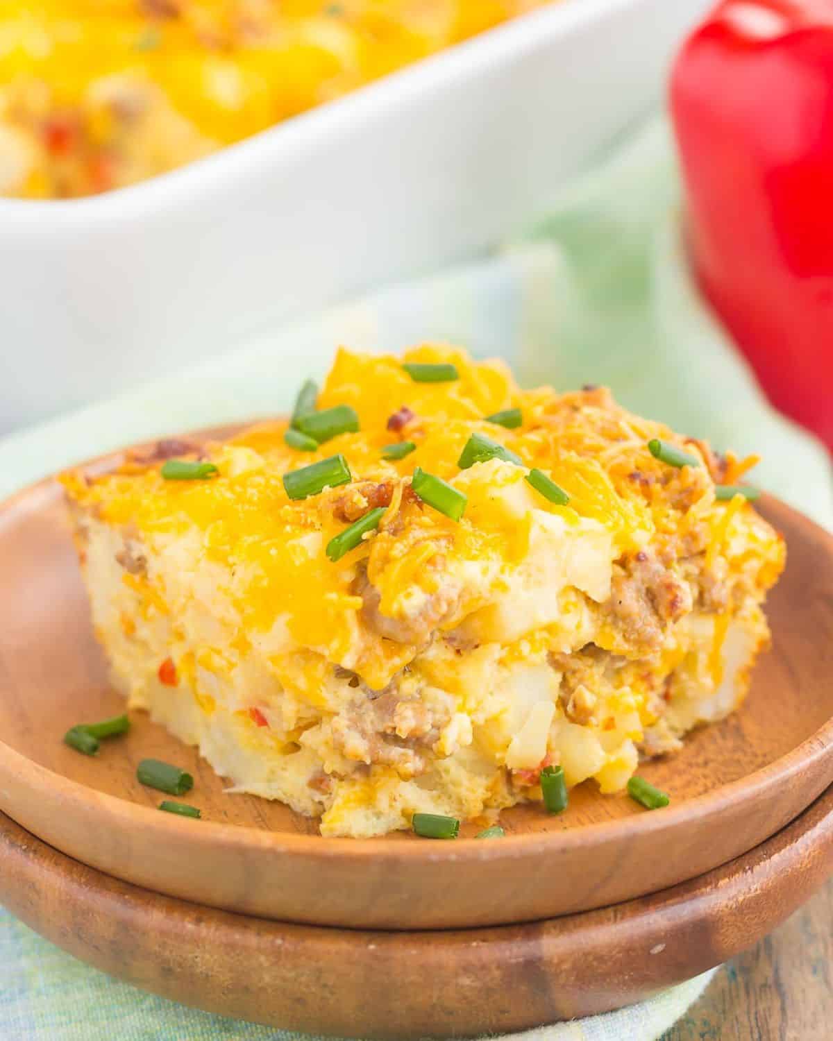 Sausage Hashbrown Breakfast Casserole on brown plate