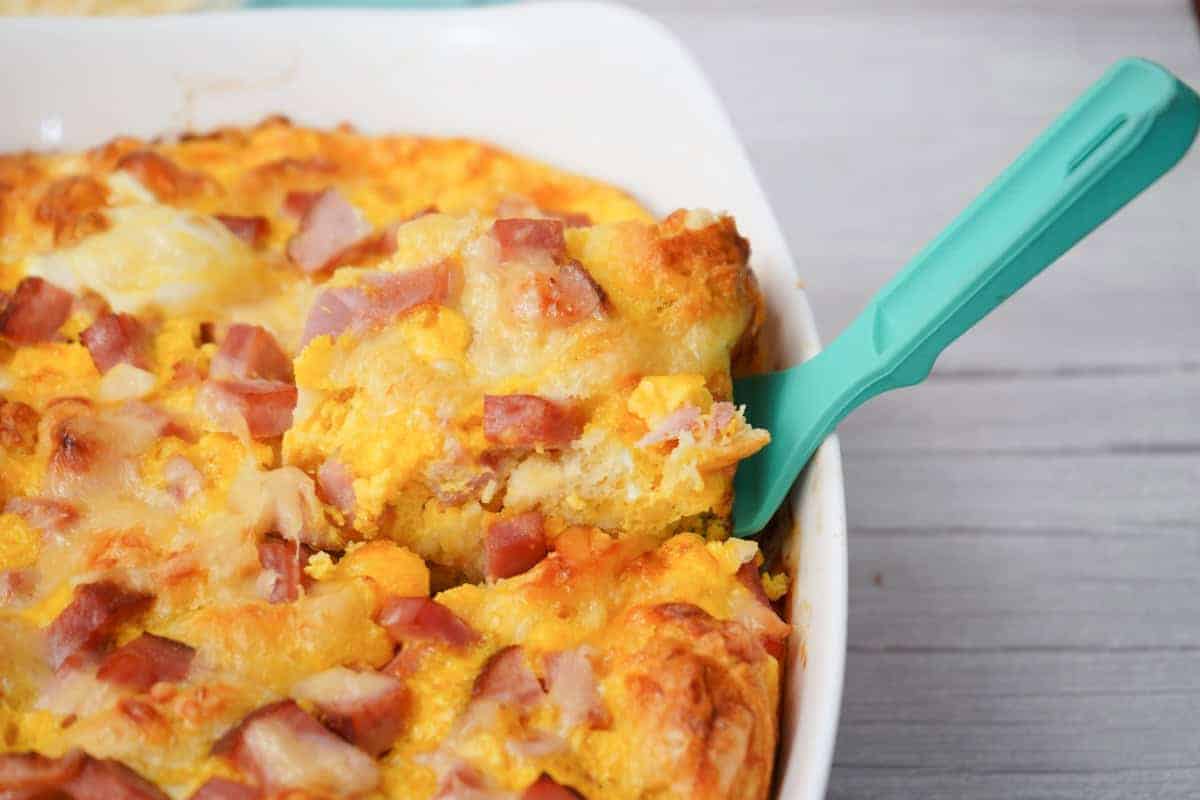 ham and swiss casserole on spatula