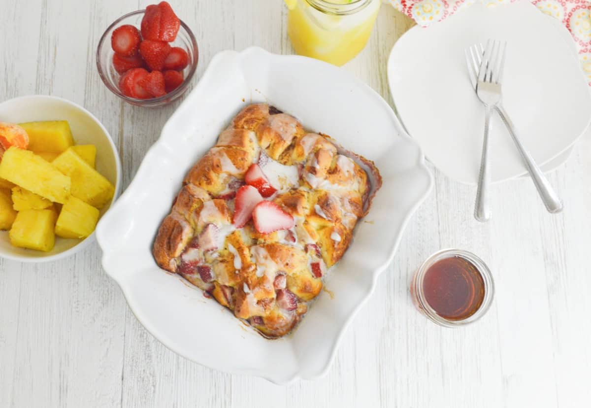 cinnamon roll French toast casserole with strawberries