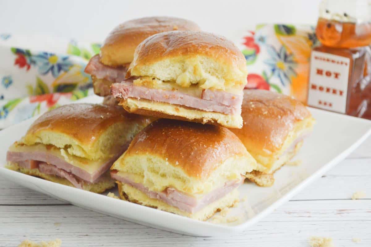 ham and swiss sliders stacked 
