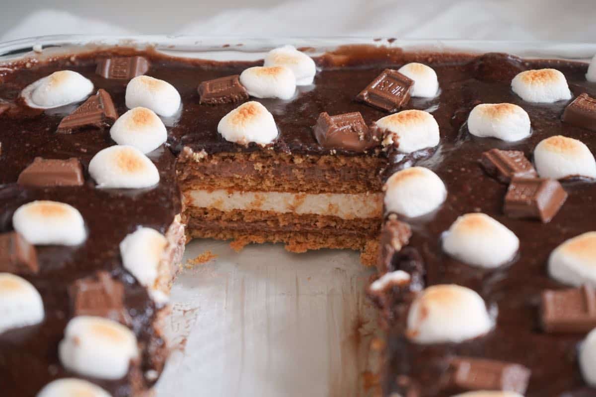 Smores Eclair Cake in pan