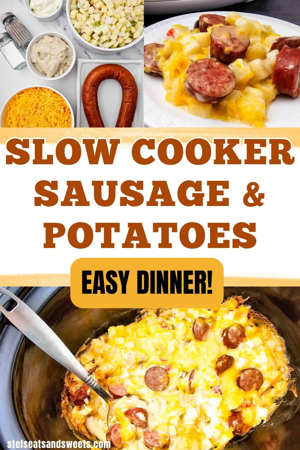 Slow cooker sausage and potatoes collage with title.
